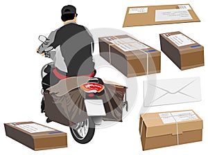 Postman driving a motorcycle or bike cartoon back view