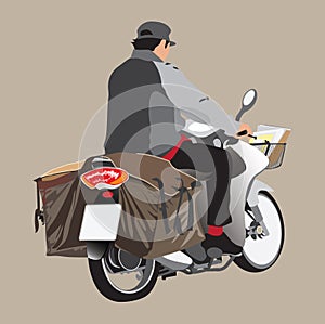 Postman driving a motorcycle or bike cartoon graphic side view