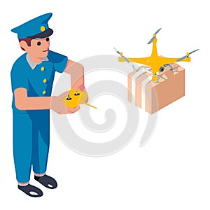 Postman drone parcel delivery icon, isometric style