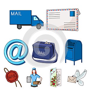 Postman, envelope, mail box and other attributes of postal service.Mail and postman set collection icons in cartoon