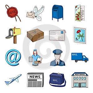 Postman, envelope, mail box and other attributes of postal service.Mail and postman set collection icons in cartoon