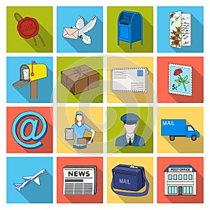 Postman, envelope, mail box and other attributes of postal service.Mail and postman set collection icons in flat style