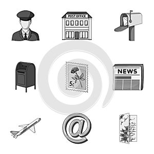 Postman, envelope, mail box and other attributes of postal service.Mail and postman set collection icons in monochrome