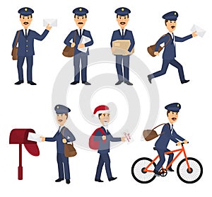 Postman mailman delivers mails in postbox or mailbox and post character carries mailed letters in letterbox illustration