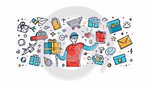 Postman with parcel and shipping icons around. Commercial company that provides transportation by air, sea, or road