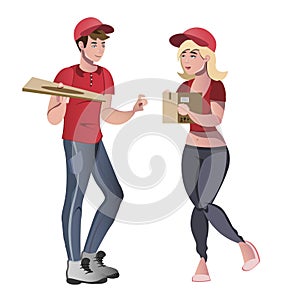 Postman with parcels in cardboard boxes.