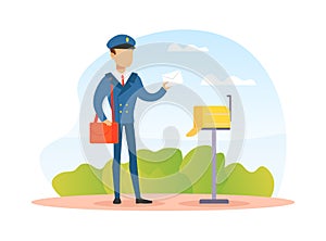 Postman Putting Letter in Mailbox, Mailman in Blue Uniform Delivering Mail to Customer, Delivery Service Concept Vector