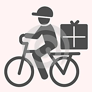 Postman riding bicycle glyph icon. Mail delivery man on bike with box. Postal service vector design concept, glyph style