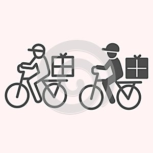 Postman riding bicycle line and glyph icon. Mail delivery man on bike with box. Postal service vector design concept