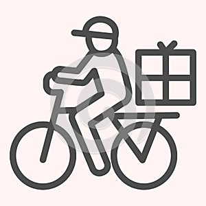 Postman riding bicycle line icon. Mail delivery man on bike with box. Postal service vector design concept, outline