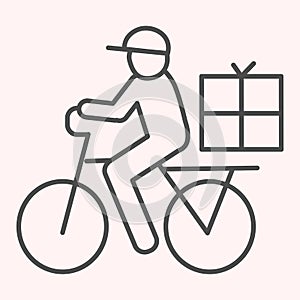 Postman riding bicycle line icon. Mail delivery man on bike with box. Postal service vector design concept, outline