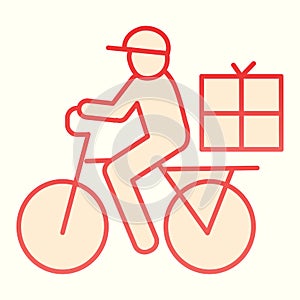 Postman riding bicycle line icon. Mail delivery man on bike with box. Postal service vector design concept, outline