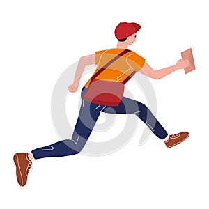 Postman running with bag delivering letter in envelope. Mailman in cap carrying mail, delivery service. Vector