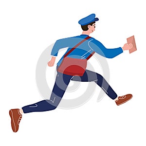 Postman running with bag delivering letter in envelope. Mailman in uniform carrying mail, delivery service. Vector