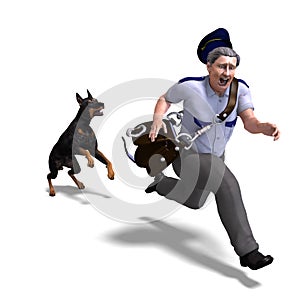 The postman runs from the dangerous dog. 3D