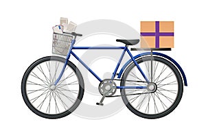 Postman`s bike, with postal parcel and lot of letters, envelopes.