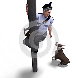 The postman seeks shelter fromt the dog. 3D