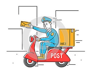 Postman Shipping Parcel and Mail by Scooter. Courier Man Hold Paper Envelop in Hand. Mailman Character Delivering Post