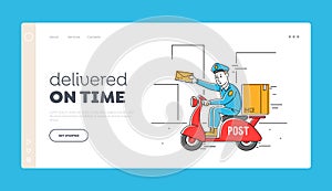 Postman Shipping Parcel and Mail by Scooter Landing Page Template. Courier Man Hold Envelop in Hand