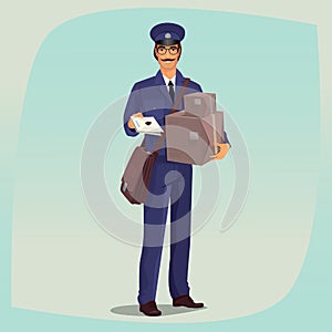 Postman standing in front face with parcels