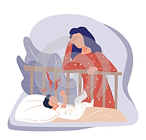 Postnatal depression, stressed woman standing by crib vector