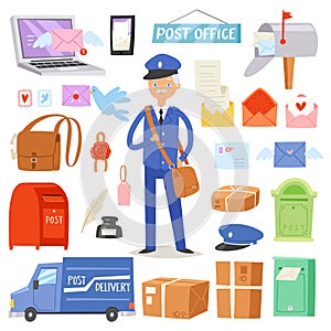 Postoffice vector postman delivers mails in postbox or mailbox and post character carries mailed letters in letterbox