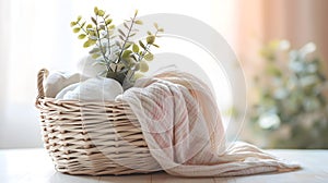 Postpartum basket or new mom gift basket. DIY decor made. Copy space.