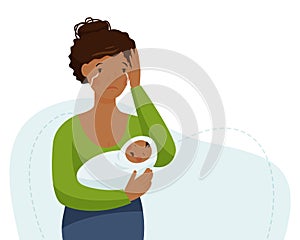 Postpartum depression. African woman is crying and holding a crying baby. Maternity crisis.