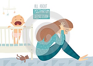 Postpartum depression. Postnatal depression. Baby s blues. Cartoon vector hand drawn eps 10 illustration isolated on photo