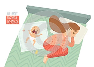 Postpartum depression. Postnatal depression. Baby s blues. Cartoon vector hand drawn eps 10 illustration isolated on