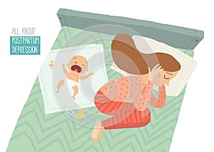 Postpartum depression. Postnatal depression. Baby s blues. Cartoon vector hand drawn eps 10 illustration isolated on photo