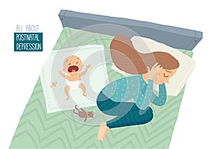 Postpartum depression. Postnatal depression. Depressed young woman lying on the bed with a crying baby.