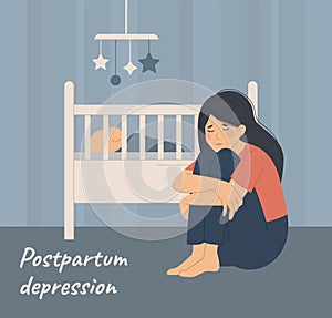 Postpartum depression, tired woman sits near baby