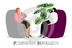 Postpartum depression. Vector crying mother with newborn. Psychoterapy for new parents vector concept photo