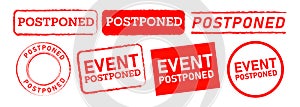 postponed square and circle red stamp label sticker sign event delay canceled rescheduled