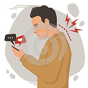 Posture man vector illustration, incorrect head angle using phone, bad posture, backache, Shoulder pain, curvature of