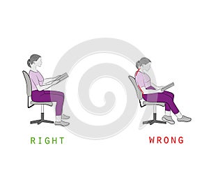 Posture while reading a book sitting on a chair. vector illustration.