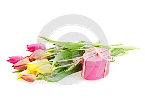 Posy of tulips flowers with gift box