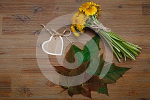 Posy of Yellow Dandelions,Heart Wish Card,Green Leaves.Garden`s