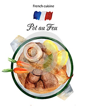 Pot au Feu dish of French cuisine. Watercolor illustration