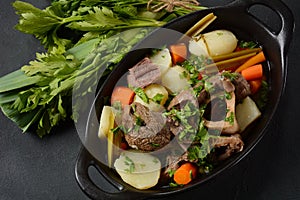 Pot-au-feu, traditional french stew. Stewed beef and potatoes.