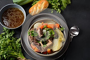 Pot-au-feu, traditional french stew. Stewed beef and potatoes.