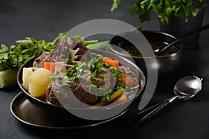 Pot-au-feu, traditional french stew. Stewed beef and potatoes.