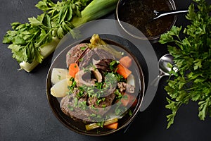 Pot-au-feu, traditional french stew. Stewed beef and potatoes.