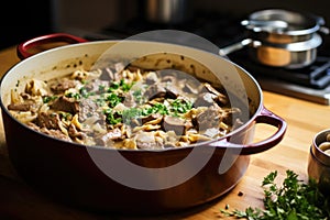 pot of beef stroganoff on a gas stovetop