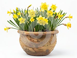 A pot of blooming daffodils, isolated on white background