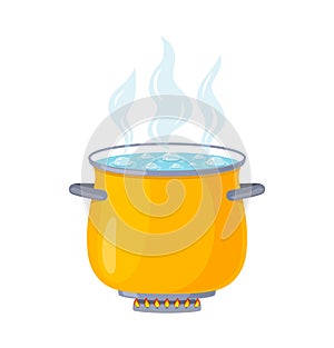 Pot with boil water. Pan with soup. Icon of cook food. Saucepan with hot steam on stove with fire. Flat cartoon cooking