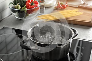 Pot with boiling water on electric stove