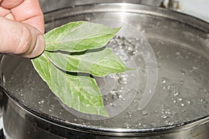 The pot of boiling water, which omit the Bay leaves, give the dish a savory aroma and taste.