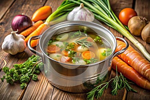 Pot with broth. Old Pot with fresh broth